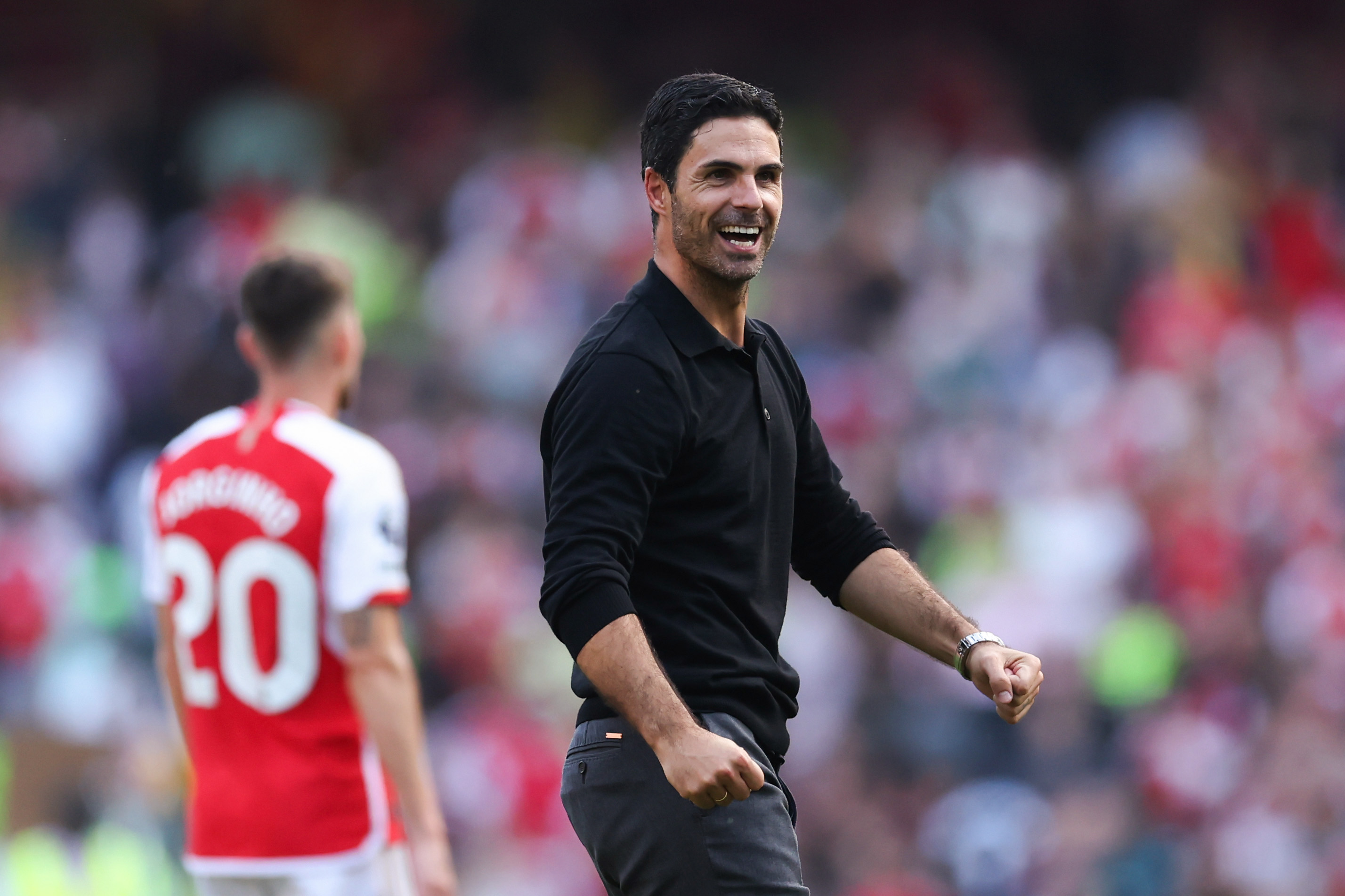 Arsenal boss Mikel Arteta reacts after Gunners late, late victory over Manchester United 